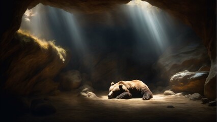 Brown Bear sleeping in a cave. Oil painting styled illustration in high resolution