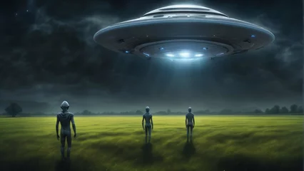 Crédence de cuisine en verre imprimé UFO Flying saucer hovering over a green meadow. Colorful scifi illustration in high resolution