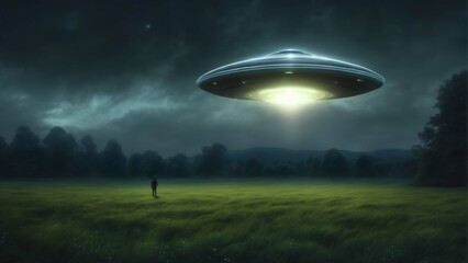Flying saucer hovering over a green meadow. Colorful scifi illustration in high resolution - obrazy, fototapety, plakaty
