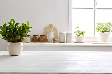Fototapeta na wymiar Indoor serenity. Green potted plant on table adds life to modern decor. Houseplant elegance. Stylish touch of nature in white interior. Nature corner. Fresh green on cozy windowsill