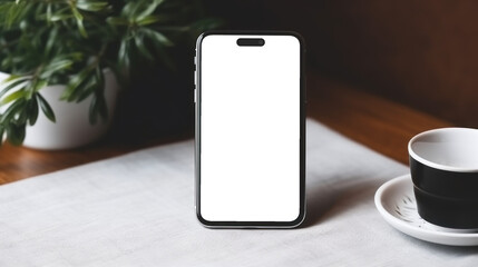UI UX mockup image of smartphone with blank transparent screen, stand on the table near a flower and a cup of coffee in a cafe or at home environment furnishings. For apps and websites presentation