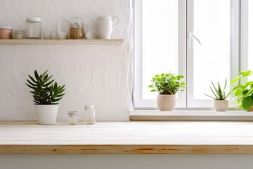 Obraz na płótnie Canvas Indoor serenity. Green potted plant on table adds life to modern decor. Houseplant elegance. Stylish touch of nature in white interior. Nature corner. Fresh green on cozy windowsill