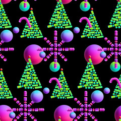 Christmas seamless pattern with Xmas tree and abstract geometric shapes