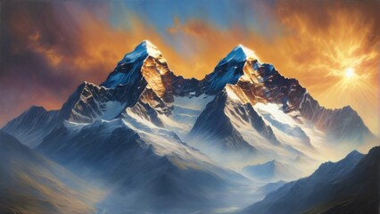 Mountain top with sunset. HIghly detailed and realistic design - obrazy, fototapety, plakaty
