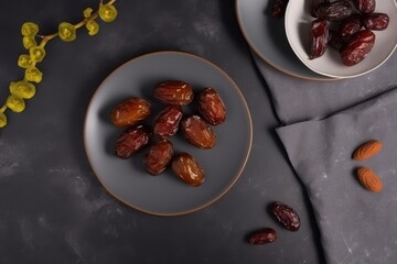 Dates on top of plates on top of clean concrete table