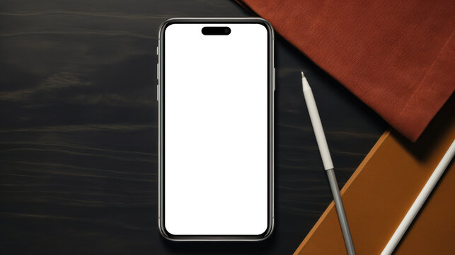UI UX mockup image of smartphone with blank transparent screen, lies on the table near a notepad and pencils. For management apps and websites presentation