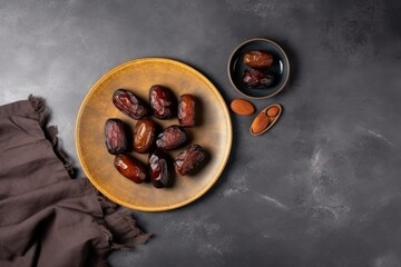 Dates on top of plates on top of clean concrete table