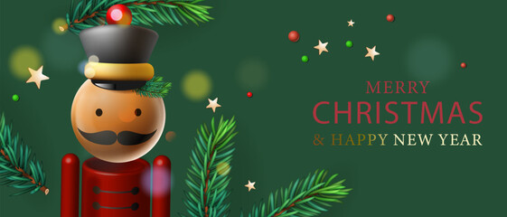 Merry Christmas web banner with fir branches border and nutcracker, green background. Bright Christmas and New Year background, vector illustration