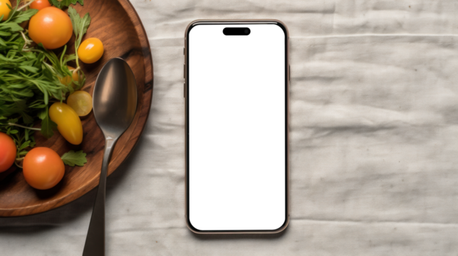 mockup image of smartphone with blank transparent screen, lies on the textile table near healthy food salad in the kitchen environment furnishings. For culinary and healthy lifestyle apps and websites - Powered by Adobe