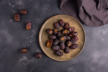 Dates on top of plates on top of clean concrete table