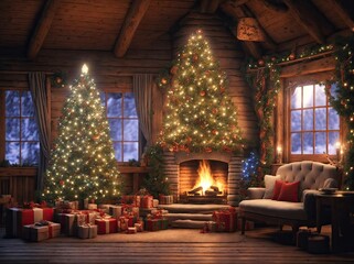 Fototapeta na wymiar Fireplace Room Christmas Digital Backdrop tree stockings presents christmas tree cozy photography background props studio overlay new year