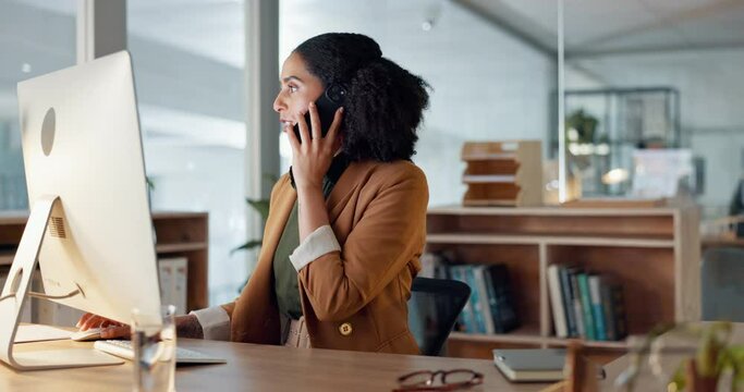 Woman, computer and phone call as receptionist for customer care or online booking, information or client trust. .Female worker, communication or talking in office for service, helping or appointment