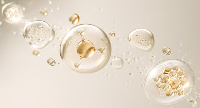 Cosmetic oil or Cosmetic Essence with molecule Liquid drop on background, 3d rendering.