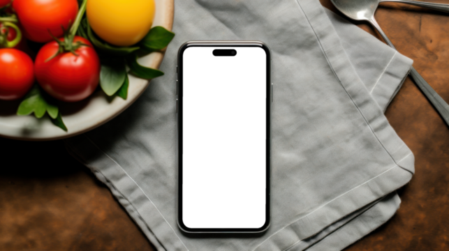 mockup image of smartphone with blank transparent screen, lies on the textile table near healthy food tomato in the kitchen environment furnishings. For culinary and healthy lifestyle apps and website