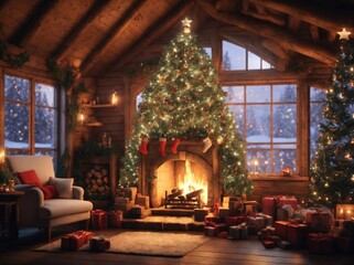Fototapeta na wymiar Fireplace Room Christmas Digital Backdrop tree stockings presents christmas tree cozy photography background props studio overlay new year