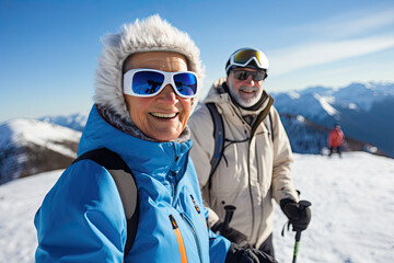 Fototapeta na wymiar An elderly couple enjoying their winter holidays together captures their joyful moments by taking a selfie on a snowy mountainside.