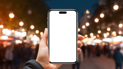 mockup image of smartphone with blank transparent screen, in hand by rave party with many people in the club environment furnishings. For entertainment and events leisure apps and websites marketing a