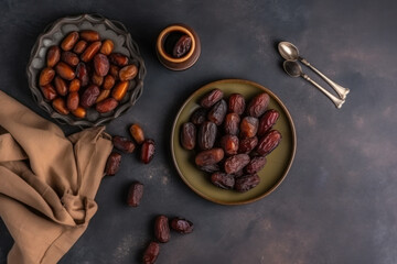 Dates on top of plates on top of clean concrete table