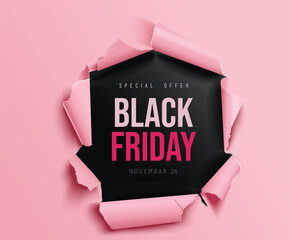 Black Friday sale background. Hole in black paper. Vector illustration.