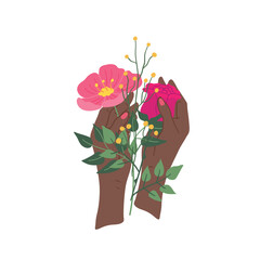 Cartoon Color Female Hand Holding Bouquet Romantic Blooming Concept Element Flat Design Style. Vector illustration of Flower