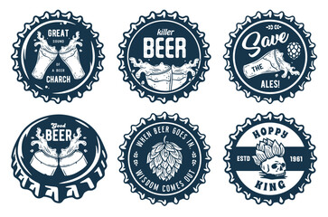 Monochrome beer cap vector set for design of brew beer in a brewery. The collection of metal corks for logos of craft brewing