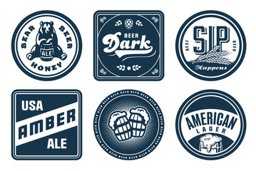 Monochrome beer bierdeckel vector set for design of brew beer in a brewery. The collection vintage bierdeckels for craft brewing