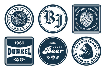 Monochrome beer bierdeckel vector set for design of brew beer in a brewery. The collection vintage bierdeckels for craft brewing