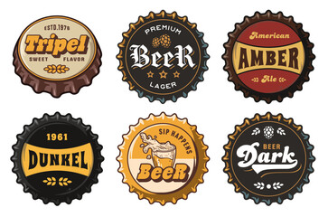 Beer cap vector set for design of brew beer in a brewery. The collection of metal corks for logos of craft brewing