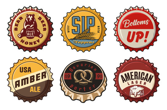 Beer cap vector set for design of brew beer in a brewery. The collection of metal corks for logos of craft brewing