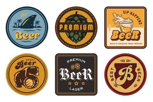 The collection vintage bierdeckels for craft brewing. Old retro designs for decor of bar and pub. Beer bierdeckel vector set