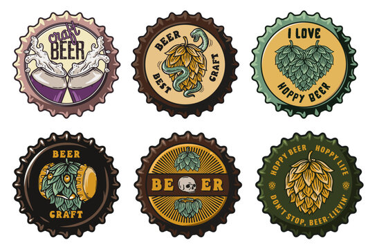 Beer cap vector set for design of brew beer in a brewery. The collection of metal corks for logos of craft brewing