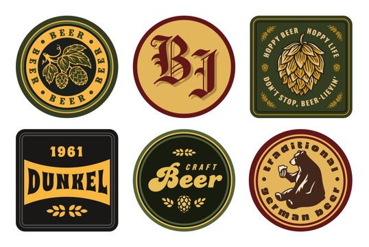 The collection vintage bierdeckels for craft brewing. Old retro designs for decor of bar and pub. Beer bierdeckel vector set
