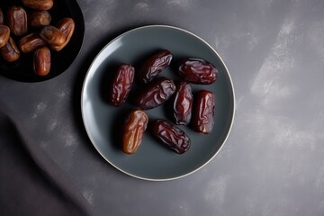Dates on top of plates on top of clean concrete table