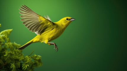 Yellow bird on green background, nature flying animal with space for text - obrazy, fototapety, plakaty