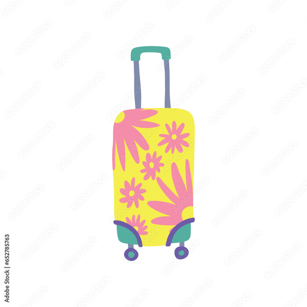 Poster Cartoon Color Travel Suitcase Bag with Flowers Print Baggage Vacation and Tourism Concept Element Flat Design Style. Vector illustration