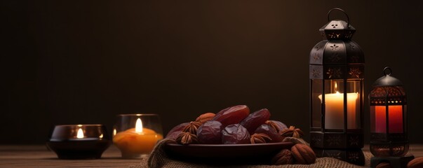 Lantern and dates setup for greeting ramadan or eid