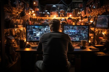 Fototapeta premium Cybersecurity technician monitoring network security, Generative AI