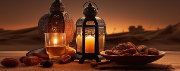 Lantern and dates setup for greeting ramadan or eid