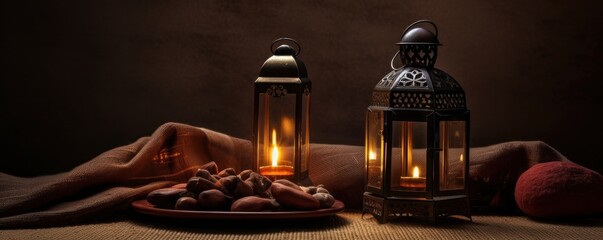Lantern and dates setup for greeting ramadan or eid