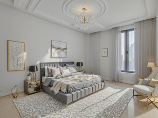 Cozy Room, Good for Mockup, Elegant, Minimal and Modern Design, White Walls with Paintings, Couch and Pillows, Bedroom, Living Room