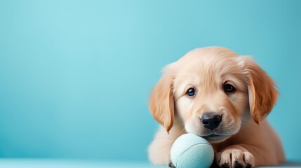 Cute golden retriever puppy on a solid pastel background - obrazy, fototapety, plakaty