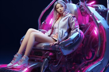 Fototapeta na wymiar cyber-punk style robotic girl-android sitting in a futuristic vehicle, ai tools generated image
