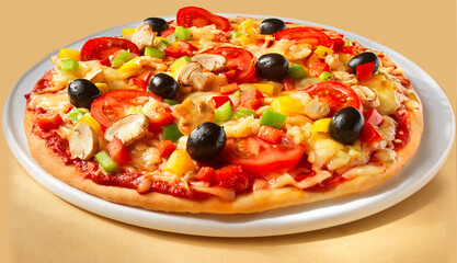 Pizza vegetarisch mit oliven, pizza, freisteller, gemüse, vegetarisch, oliven,