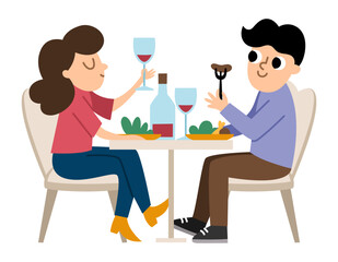 Pair sitting by the table, eating and drinking wine. Vector illustration with French people. Woman man having good time. Cute characters icon isolated on white background.