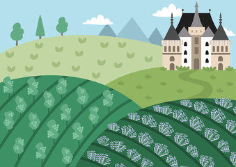Vector French landscape with wine yard and lavender field. European farm illustration. Rural village scene with trees, castle, mountains. Cute nature background with meadow, garden.