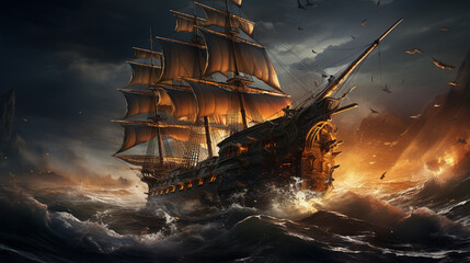 Pirate ship at the open sea at the sunset - obrazy, fototapety, plakaty