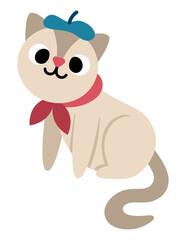 Sitting white cat in beret and scarf. Domestic animal vector illustration. Cute character icon isolated on white background. French symbol picture.