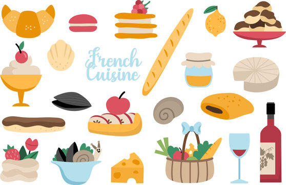 French food vector set. Collection with baguette, croissant, wine, eclair, cookie, cakes. Cute bakery of France icons with cheese, wine, basket, pies, mousse, macaroon.