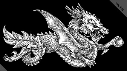 Vintage engraving isolated Japanese Dragon illustration snake ink sketch. Chinese character dragon background tattoo silhouette art. Black and white hand drawn vector image