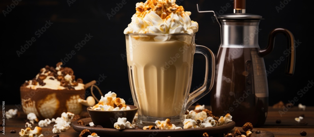 Poster Caramel milkshake with cream liqueur caramel popcorn and chocolate powder on a vintage brown background with a manual coffee grinder